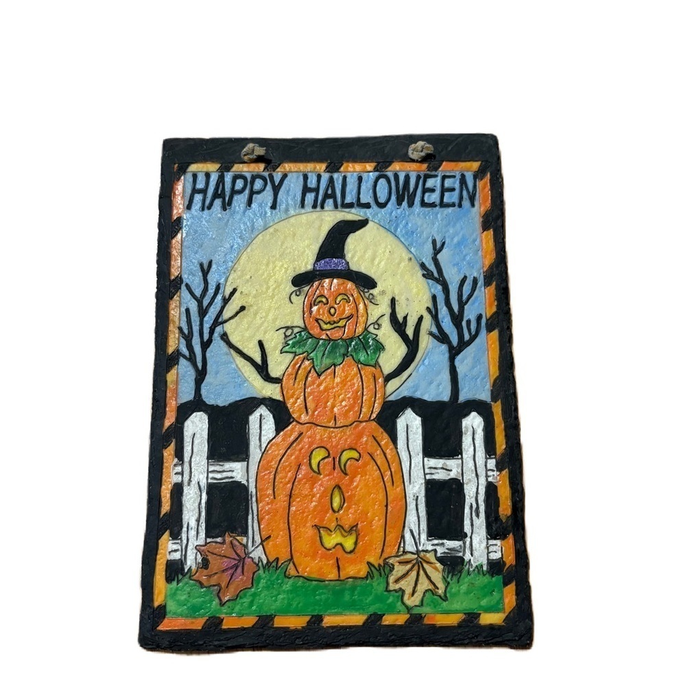 Vintage Halloween Pumpkin Painted Slate Stone Sign Hanging Decor Orange Black